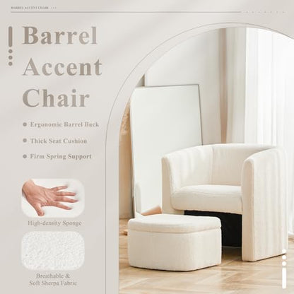 Upholstered Sherpa Barrel Accent Chair with Storage Ottoman, Morden Living Room Side Chair, Single Sofa Armchair with Lounge Seat for Bedroom/Office/Reading Spaces, Cream