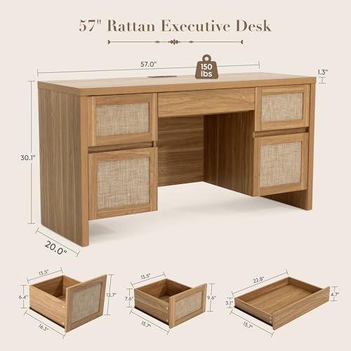 Executive Desk with 5 Drawers, 57" Modern Rattan Home Office Desk with Charging Station, File Drawer, Farmhouse Boho Computer Writing Desk for Study, Work, Walnut Brown