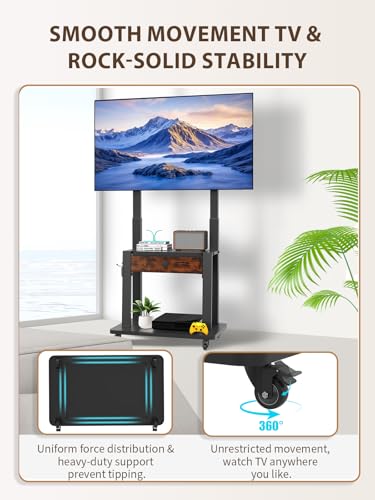 Rolling TV Stand with Fabric Drawer for 32-75 Inch Flat/Curved Screen Adjustable Height LCD/LED/OLED with Storage Mobile TV Cart on Wheels up to 220lbs for Home Office Outdoor Max VESA 600x400mm Black