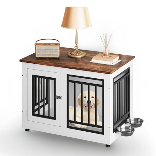 28 Inch Dog Crate Furniture with Adjustable Feet & Removable Bowls, view 8