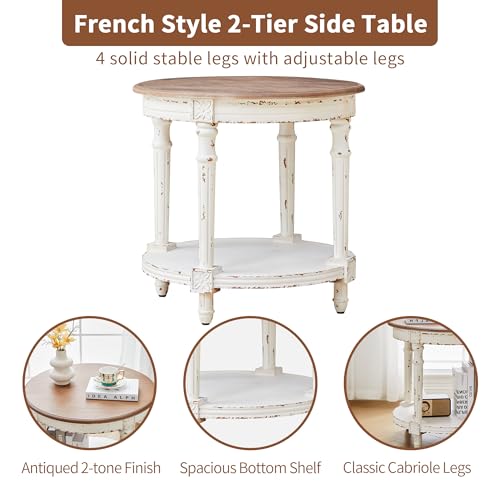 23.6" French Country Two Tone Round End Table,Chipped White Vintage 2 Tier Side Table for Living Room Small Space,No Tool Assembly