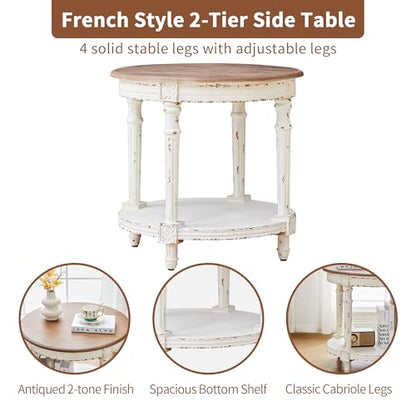 23.6" French Country Two Tone Round End Table,Chipped White Vintage 2 Tier Side Table for Living Room Small Space,No Tool Assembly