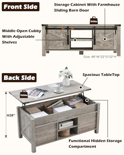 48" Farmhouse Lift Top Coffee Table with Sliding Barn Door,Rustic Center Table w/Hidden Storage Compartment, Lift Tabletop Dining Table w/Adjustable Shelf for Living Room,Light Rustic Oak