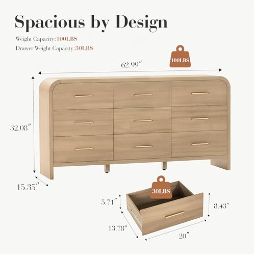 Curved 9-Drawer Dresser for Bedroom, 63" Wide Modern Chest of Drawers, view 3