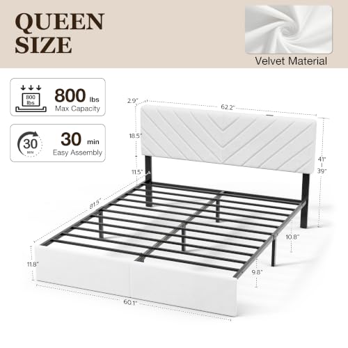 Queen Bed Frame with Adjustable Headboard, White Velvet Upholstered, view 3