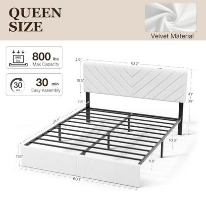 Queen Bed Frame with Adjustable Headboard, White Velvet Upholstered, view 3