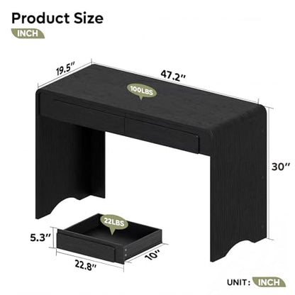Computer Desk with 2 Drawers, 47 Inch Wood Home Office Desk, Small Writing Table with Curved Handles & Waterfall Rounded Edges, Cute Modern Desks for Bedroom Study Living Room, Black