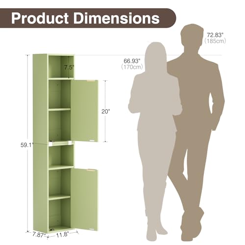 59.1" Tall Slim Bathroom Storage Cabinet Green | Freestanding or Wall Mounted Modular Cabinet, Fluted Panel Linen Tower with Adjustable Shelves for Small Spaces