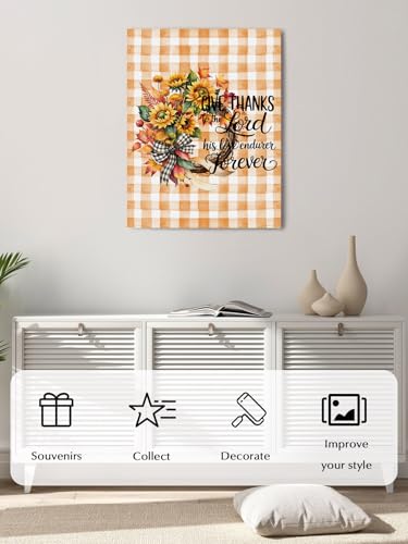 NuYeBiofx Autumn Sunflower Wreath Watercolor Canvas Wall Art Prints,40"x28" Framed Picture Artwork Orange Buffalo Plaid Printed Canvas Oil Painting for Living Room Bedroom Office,Ready to Hang