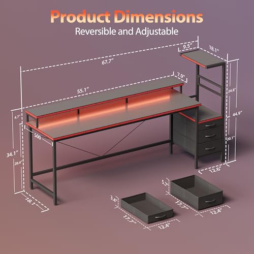 68 inch Gaming Desk with LED Lights & Power Outlets, Reversible Computer Desk with Storage Drawers & Monitor Stand, Large Gaming Table for Home Office