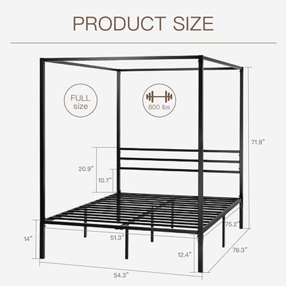 Full Size Metal Canopy Bed Frame, Heavy-Duty Support, Black, view 3