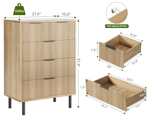 Fluted 5-Drawer Dresser with Metal Legs, Oak, view 3