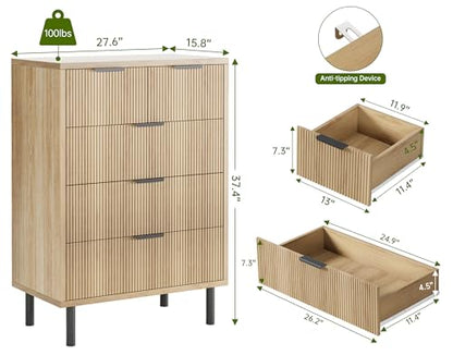 Fluted 5-Drawer Dresser with Metal Legs, Oak, view 3