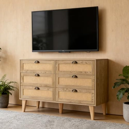 47.2-Inch Rattan Sideboard Buffet Cabinet, 6 Drawers, Natural, view 5