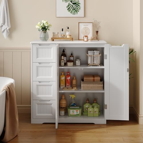 Storage Cabinet, White Bathroom Storage Cabinet with 4 Drawers & Double Doors, Adjustable Shelf, Modern Floor Cabinet for Bathroom, Kitchen, Living Room, Entryway, White