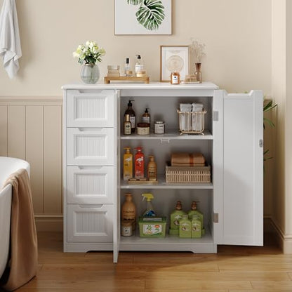 Storage Cabinet, White Bathroom Storage Cabinet with 4 Drawers & Double Doors, Adjustable Shelf, Modern Floor Cabinet for Bathroom, Kitchen, Living Room, Entryway, White