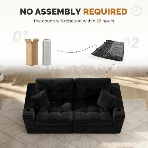 80" Boneless Loveseat Sofa, Cloud Couch with Layered Cushion, Small Couch Compressed Foam Sofa for Living Room, Apartment, Office, Black Corduroy