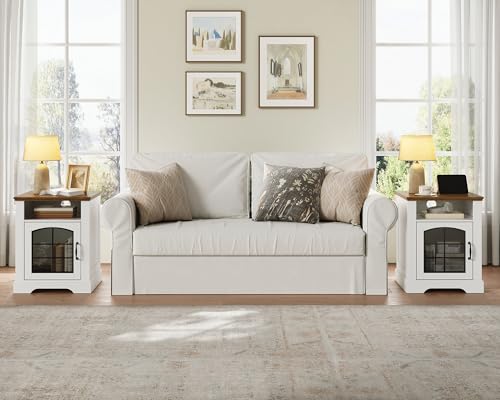 Farmhouse End Table for Living Room, 17.7" Wide Nightstand with Charging Station, Wooden Sofa Side Table with Tempered Glass Barn Door and Open Shelf, White and Walnut WH405UBZ01