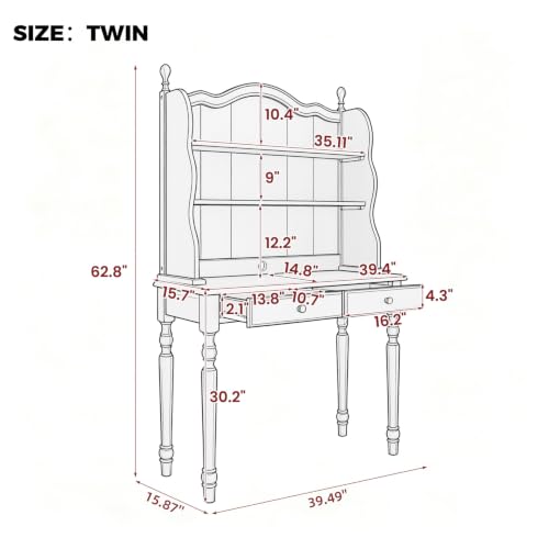 Computer Desk with Bookshelf ＆Drawers for Bedroom, Home Office, White, view 3