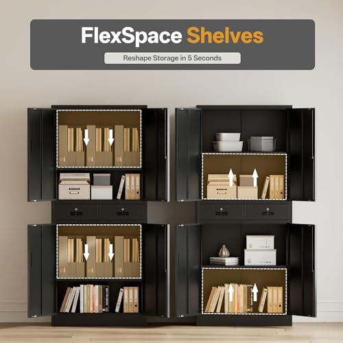 Metal Storage Cabinet, 71" Garage Storage Cabinet with 2 Locking Drawers and 2 Adjustable Shelves, Black Tool Cabinet, Lockable File Steel Cabinet for Home, Office, Gym, School