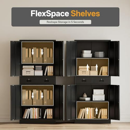 Metal Storage Cabinet, 71" Garage Storage Cabinet with 2 Locking Drawers and 2 Adjustable Shelves, Black Tool Cabinet, Lockable File Steel Cabinet for Home, Office, Gym, School