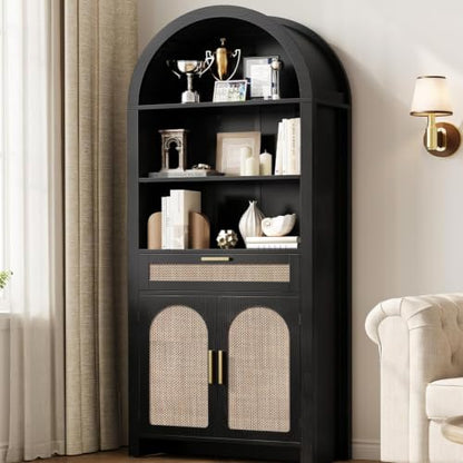 71.3" Tall Arched Bookshelf with Doors - 5 Tier Rattan Arched Bookcase, view 2