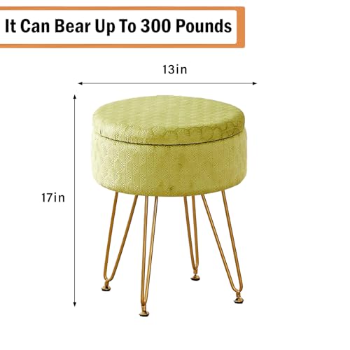 Velvet Storage Ottoman Round Footrest Stool Multifunctional Upholstered Ottoman Modern Accent Vanity Stools Tray Top Coffee Table Suitable for Living Room Bedroom Entryway Macha Green