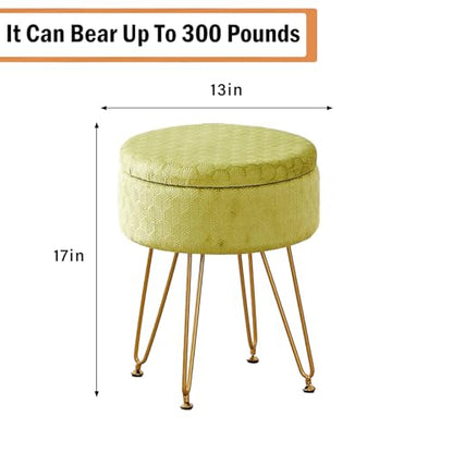 Velvet Storage Ottoman Round Footrest Stool Multifunctional Upholstered Ottoman Modern Accent Vanity Stools Tray Top Coffee Table Suitable for Living Room Bedroom Entryway Macha Green