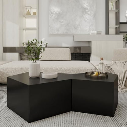 Irregular Pentagon Nesting Coffee Table,Black Modern Centre Table,Set of 2 End Table for Living Room,Office