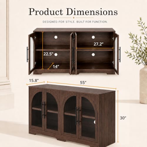 55" Arched Glass Door Sideboard Buffet Cabinet, Walnut, view 3