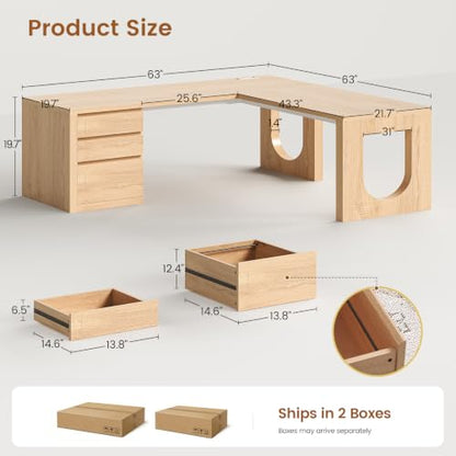 63" Modern L Shaped Desk with 3 Drawers, Executive Office Desk, view 3