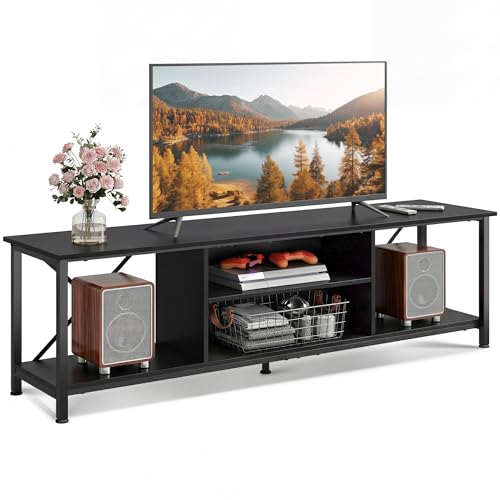 Industrial TV Stand for Up to 70 inch TV, Heavy-Duty Metal Frame Entertainment Center with Adjustable Shelves & Cable Management, Large Media Console for Living Room, Black