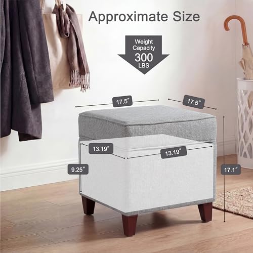 Linen Storage Ottoman with Wooden Legs, 17" Square Upholstered Flip-Top Footrest Stool, Extra Seat or Coffee Table for Living Room, Bedroom, Entryway, Grey