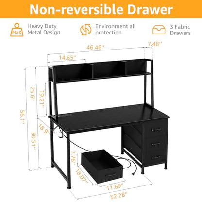 DLisiting Black Computer Desk with Hutch & Drawers - Office Desk with 3 Storage Drawers and Power Outlets, 47 Inch Modern Study Writing Desk for Bedroom Home Office