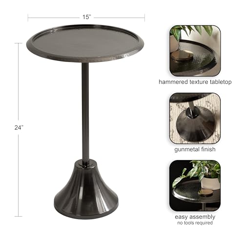 Sanzo Modern Pedestal Side Table, 15 x 15 x 24, Gray Gunmetal, Decorative End Table with Hammered Tabletop for Use as a Bedroom Nightstand or Living Room Accent Table