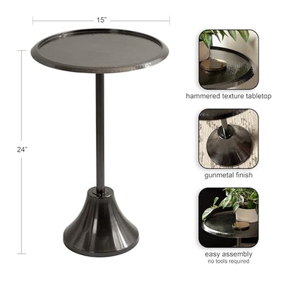 Sanzo Modern Pedestal Side Table, 15 x 15 x 24, Gray Gunmetal, Decorative End Table with Hammered Tabletop for Use as a Bedroom Nightstand or Living Room Accent Table