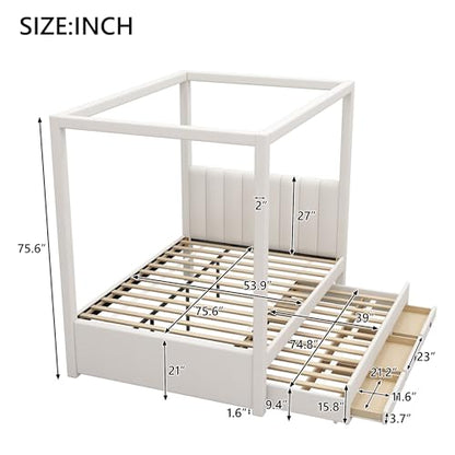 Full Size Upholstery Canopy Bed Frame with Trundle & 3 Drawers, view 3