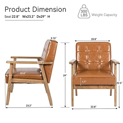 Accent Chairs Set of 2 with Side Table, Mid Century Modern Accent Chair, Retro Wood and Leather Armchairs Side Chair, Lounge Reading Comfy Armchair for Living Room, Bedroom, Office（Brown