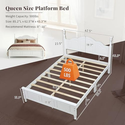 Vintage Queen Wood Bed Frame with Retro Style Headboard, White, view 3