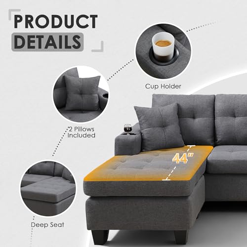 Sectional Sofa Couch, Modern 4-Seaters Living Room Furniture Sets with Reversible Chaise Lounge & 2 Pillows | L Shape Couch | Cup Holders | Linen Fabric, Gray