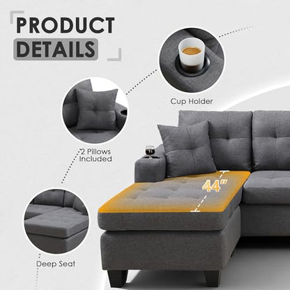 Sectional Sofa Couch, Modern 4-Seaters Living Room Furniture Sets with Reversible Chaise Lounge & 2 Pillows | L Shape Couch | Cup Holders | Linen Fabric, Gray