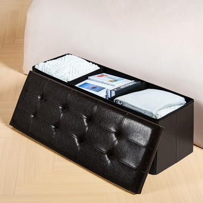 Folding Storage Ottoman Bench, Brown Faux Leather Long Storage Chest Footstool Seat, Bench for Bedroom and Hallway, 43.3"x15.7"x15.7"