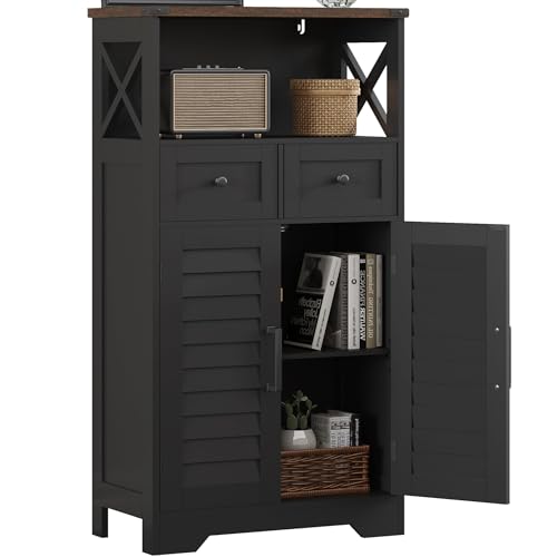 Farmhouse Storage Cabinet, Bathroom Floor Cabinet with Doors and Drawers, Kitchen Pantry Cabinet for Living Room, Laundry, Black