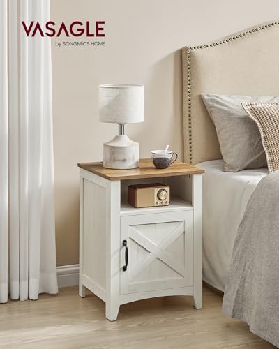 VASAGLE Nightstand Farmhouse Barn Door Bedside Table with Storage | Side End Table, Night Stand, Open Compartment, for Bedroom, Rustic White and Honey Brown, LIRY Collection, LET609K41
