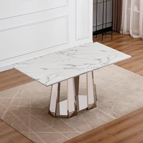 Marble Dining Table for 6 People, 70'' Rectangle Faux Marble Dining Table with Mirrored Stainless Steel Base, Large Size Marble Kitchen Table (Silver,White)(only Table)