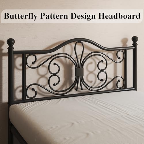 Full Bed Frame with Butterfly Pattern Design Headboard & Headboard, Black, view 5