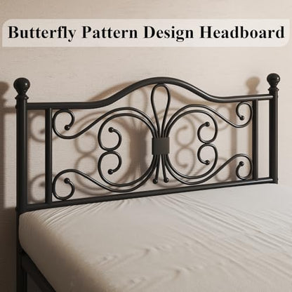 Full Bed Frame with Butterfly Pattern Design Headboard & Headboard, Black, view 5