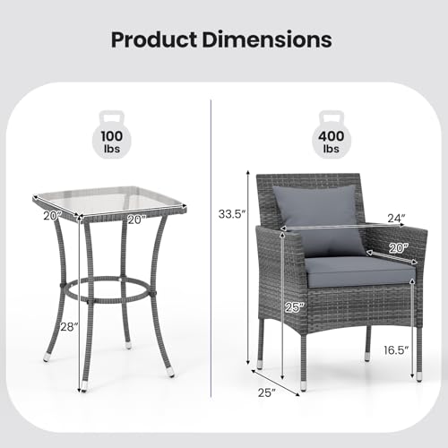 3 Pieces Patio Furniture Set, PE Rattan Outdoor Conversation Set with Tempered Glass Table & Soft Cushions, Wicker Bistro Set for Garden, Porch, Balcony (Grey)