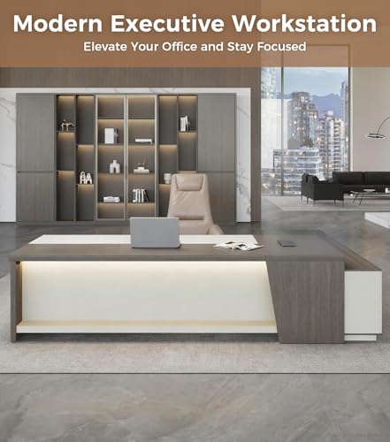 79" L-Shaped Executive Desk with Drawers, Large Modern Office Desk with Storage Shelves, LED Lighting, Built-in Outlet & USB Ports – Home Office Desk (Smoked Oak & Cream White, Left Return)