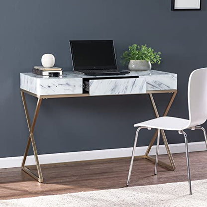 Kamblemore Faux Marble Writing Desk with Storage - Transitional Design, White Glass and Wood - Ideal for Home Office, Bedroom (HO1152137)